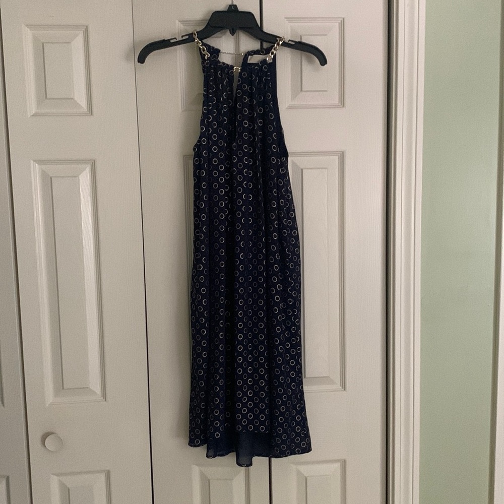 NWT Michael Kors blue and gold cocktail dress with chain accent.
